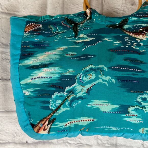VTG Marlin Tropical Hawaiian Beaded Tote Handbag Purse Swordfish Bamboo Handles - Picture 8 of 16